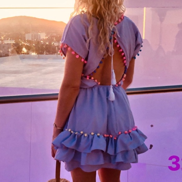 Peixoto Nissi Pom-Pom Dress Swim Cover-Up Tulum Lavender Purple with Cutout - Picture 2 of 11